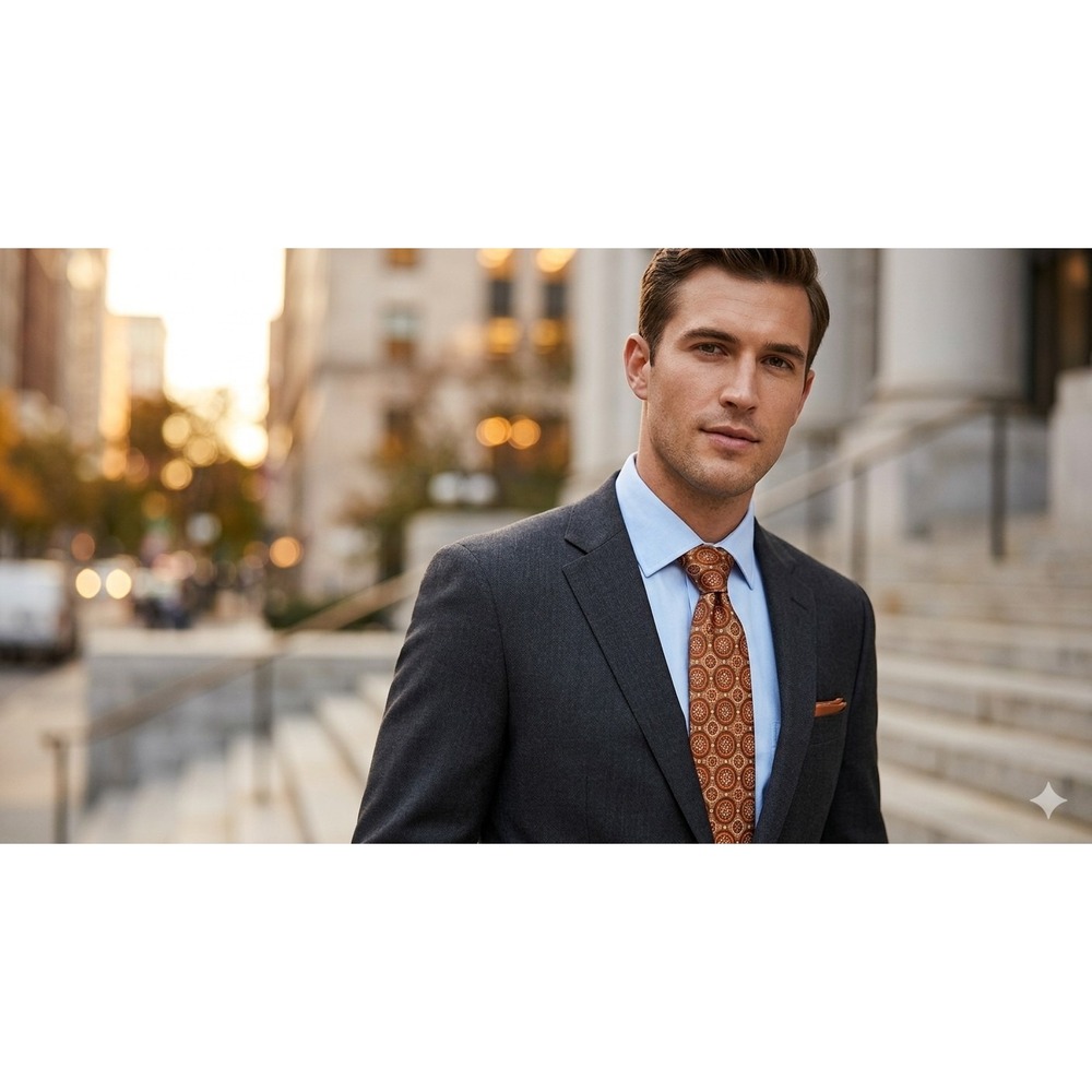 Stafford Signature Men Orange Brown Geometric Floral Medallion Silk Tie Business